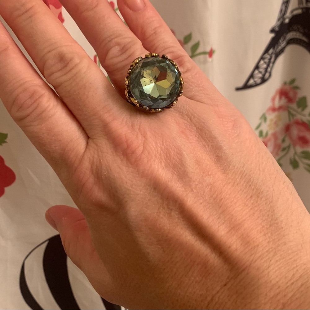 Vintage Gold and Light Blue Gem Ring - Size 8 but adjustable